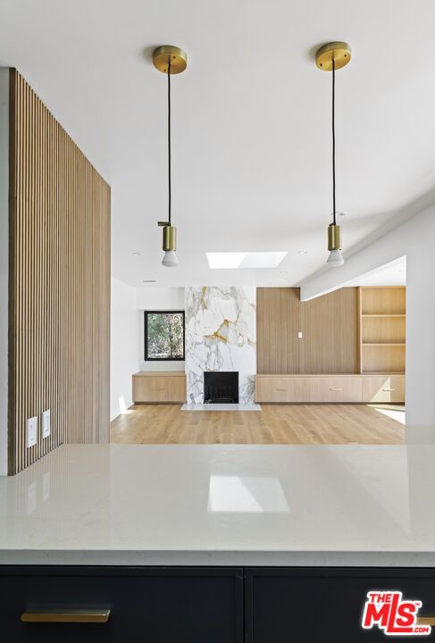 Fireplace, Interior, Pendant Lights, Wood Texture Flooring