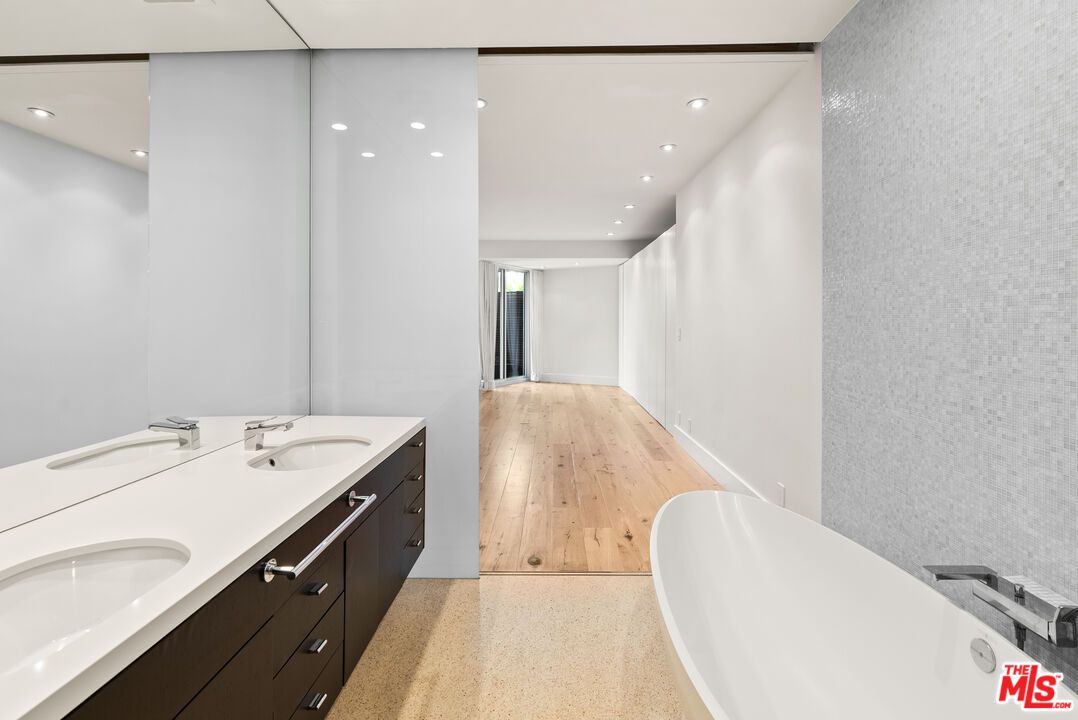 Bathroom, Dual Sink Vanities, Free Standing Baths, Interior, Recessed Lighting, Wood Texture Flooring