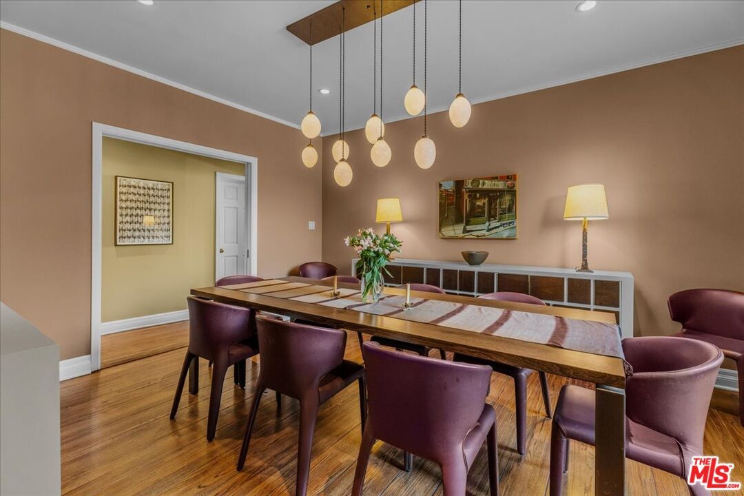 Dining room, Interior, Pendant Lights, Recessed Lighting, Wood Texture Flooring