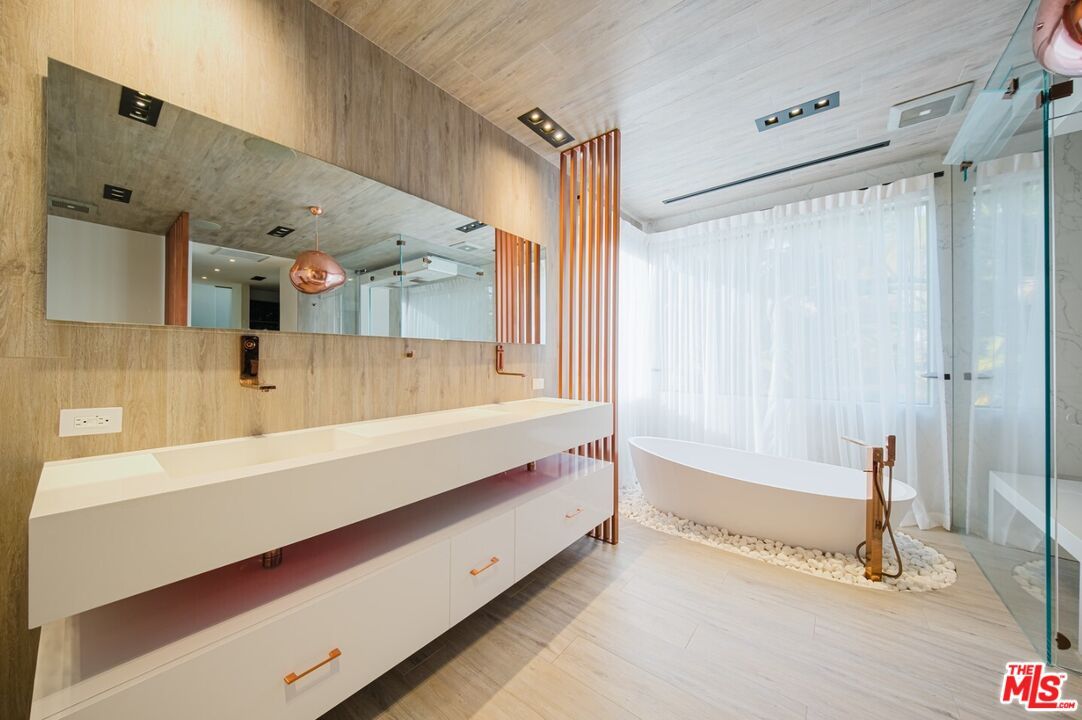 Bathroom, Free Standing Baths, Glass Shower, Interior, Recessed Lighting, Wooden Ceilings, Wood Texture Flooring