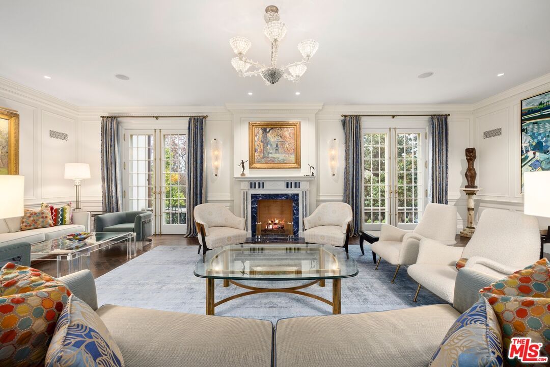 Chandelier, Fireplace, Interior, Living room, Recessed Lighting, Wood Texture Flooring