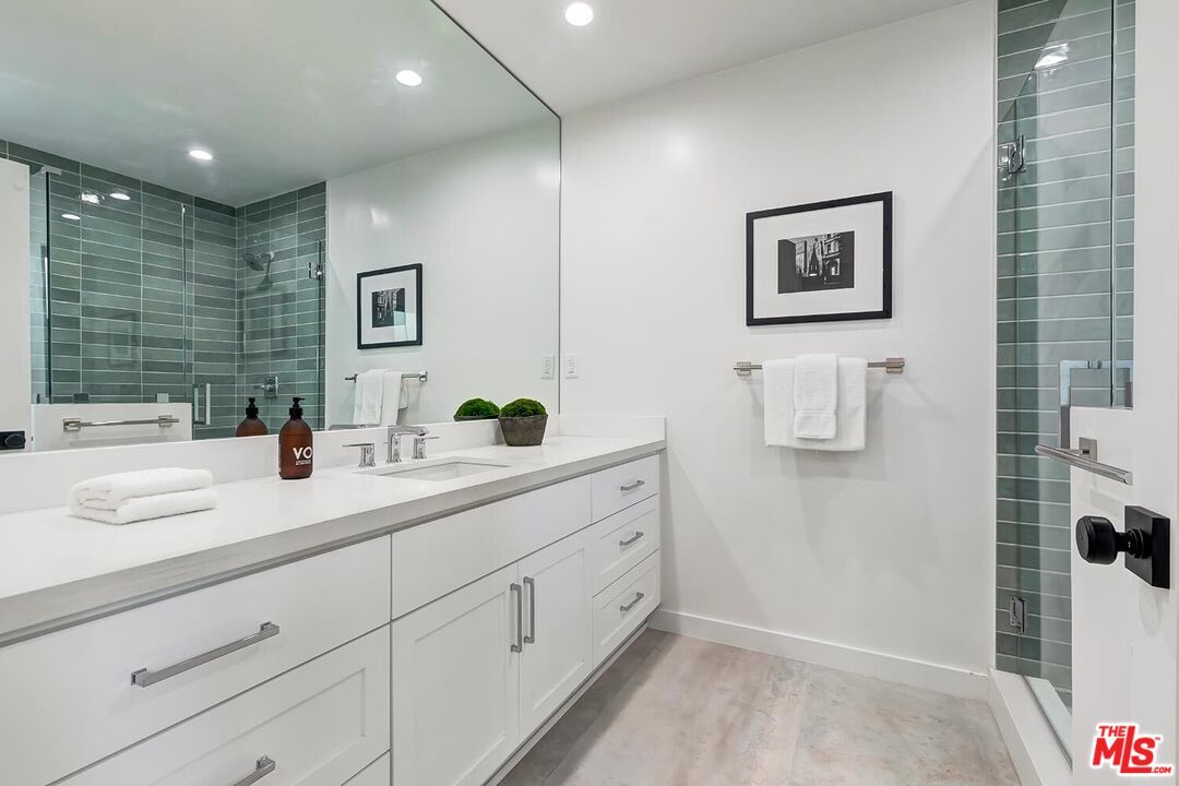 Bathroom, Dual Sink Vanities, Glass Shower, Interior, Recessed Lighting, Wood Texture Flooring
