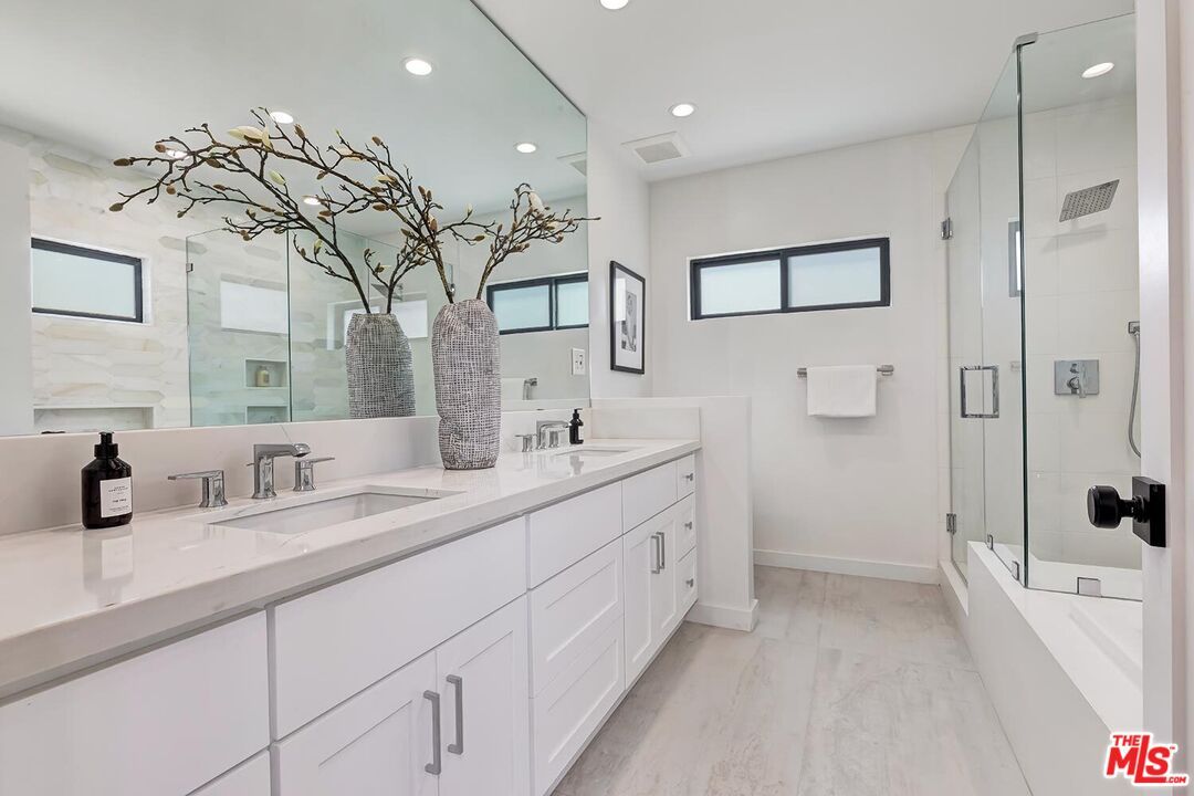 Bathroom, Dual Sink Vanities, Glass Shower, Interior, Marble, Recessed Lighting