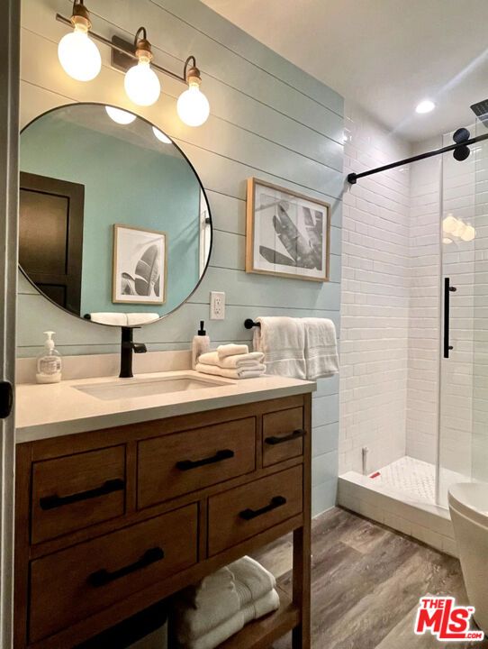 Bathroom, Glass Shower, Interior, Recessed Lighting, Wood Texture Flooring