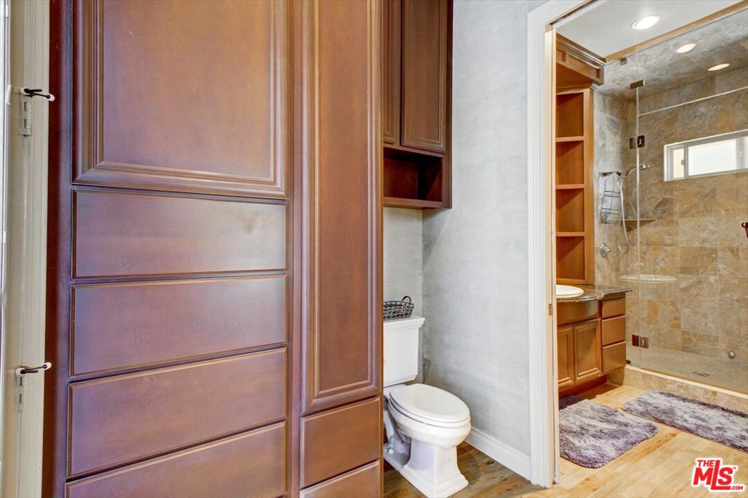 Bathroom, Glass Shower, Interior, Recessed Lighting, Wood Texture Flooring