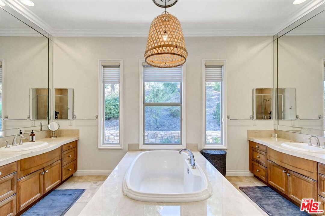 Bathroom, Dual Sink Vanities, Glass Shower, Interior, Pendant Lights
