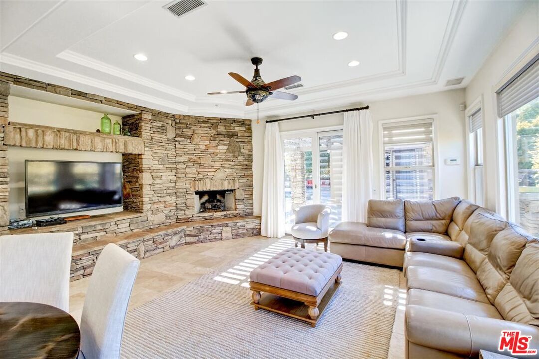 Fireplace, Interior, Living room, Recessed Lighting, Stone Walls
