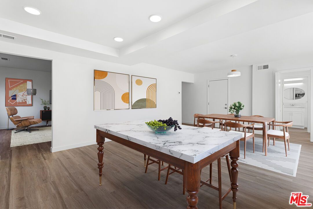 Dining room, Interior, Pendant Lights, Recessed Lighting, Wood Texture Flooring