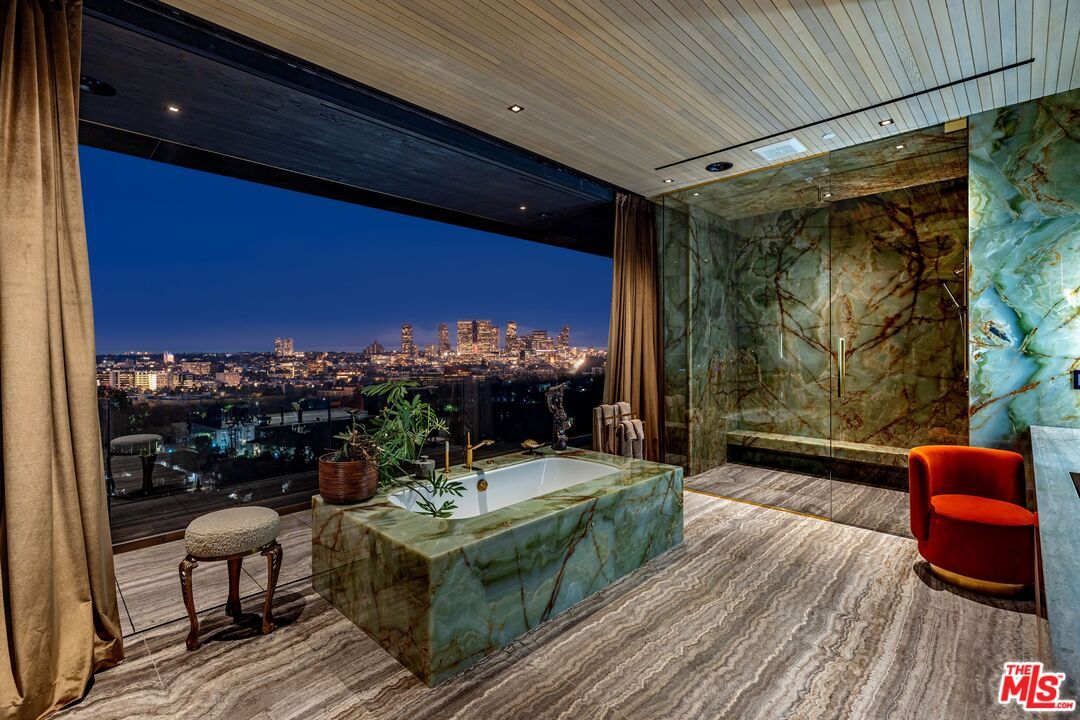 Bathroom, Interior, Marble Walls, Recessed Lighting, Wood Texture Flooring