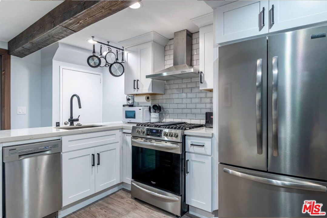 Interior, Kitchen, Recessed Lighting, Stainless Steel Appliances, Wooden Beams, Wood Texture Flooring