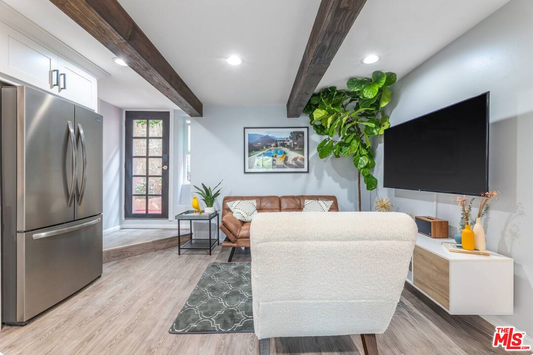 Interior, Kitchen, Living room, Recessed Lighting, Stainless Steel Appliances, Wooden Beams, Wood Texture Flooring