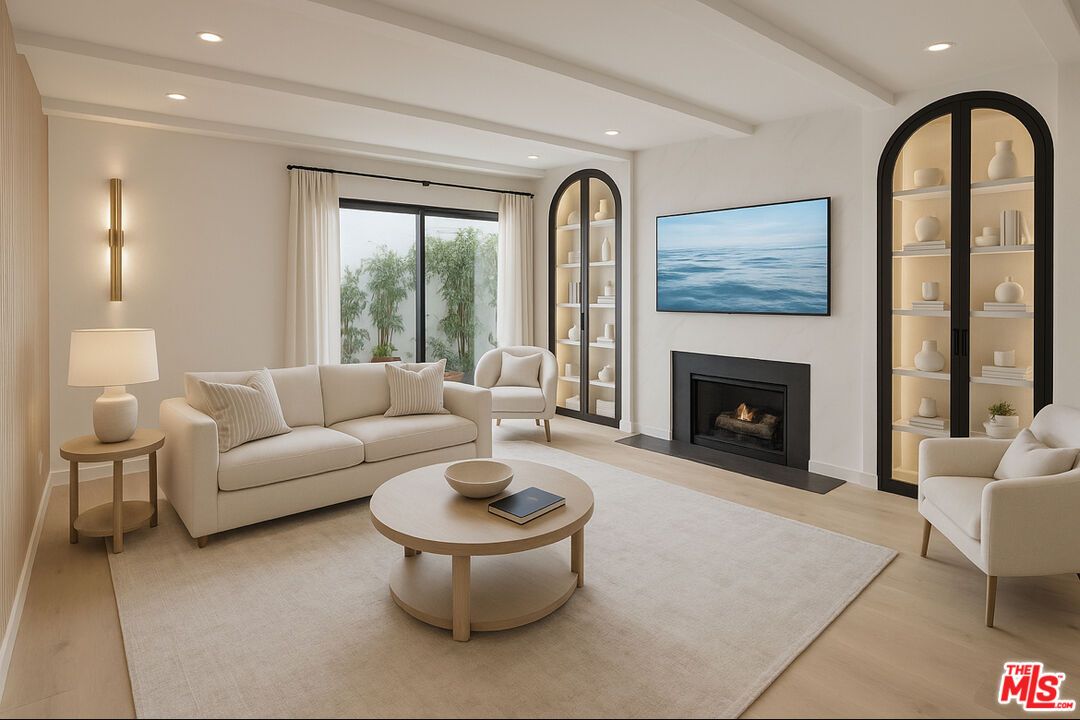 Fireplace, Interior, Living room, Recessed Lighting, Wood Texture Flooring