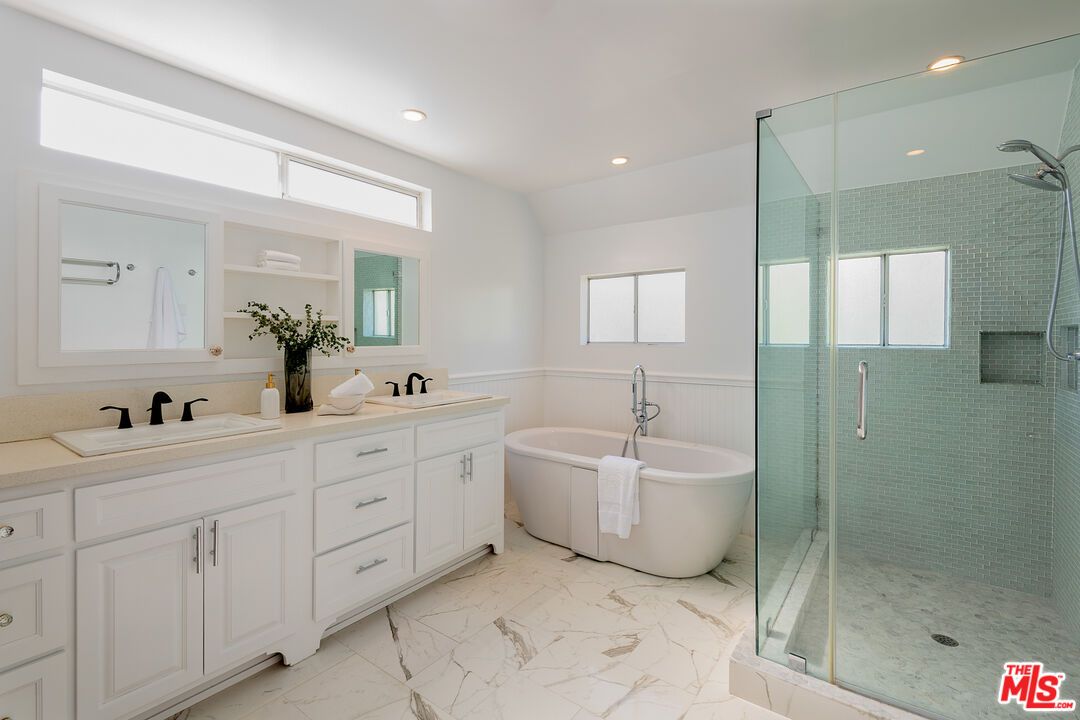 Bathroom, Dual Sink Vanities, Free Standing Baths, Glass Shower, Interior, Marble, Recessed Lighting