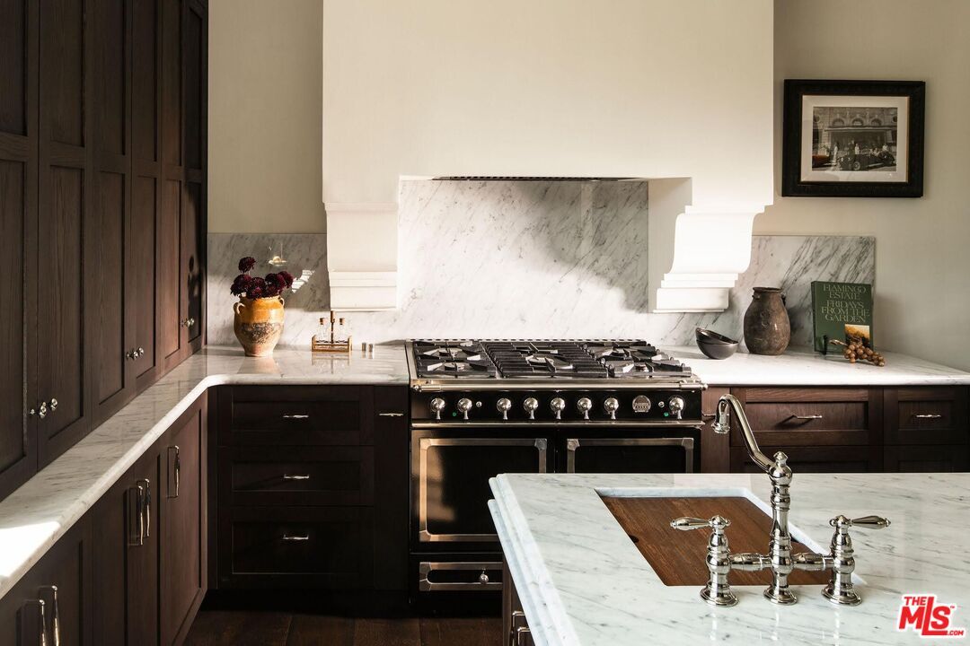 Interior, Kitchen, Marble Walls, Stainless Steel Appliances, Wood Texture Flooring