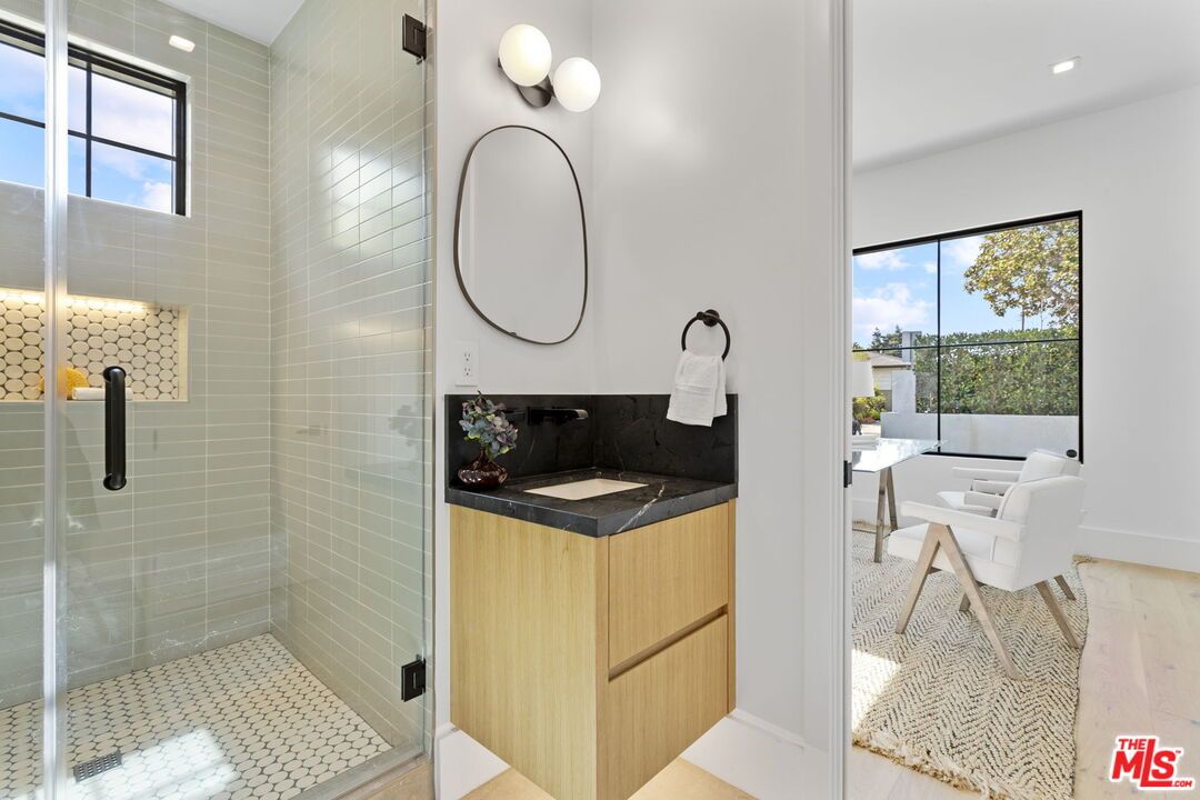 Bathroom, Glass Shower, Interior, Recessed Lighting, Wood Texture Flooring