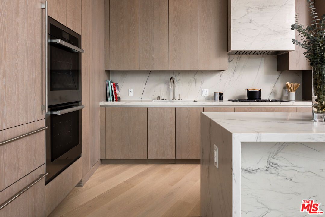 Interior, Kitchen, Marble Walls, Stainless Steel Appliances, Wood Texture Flooring