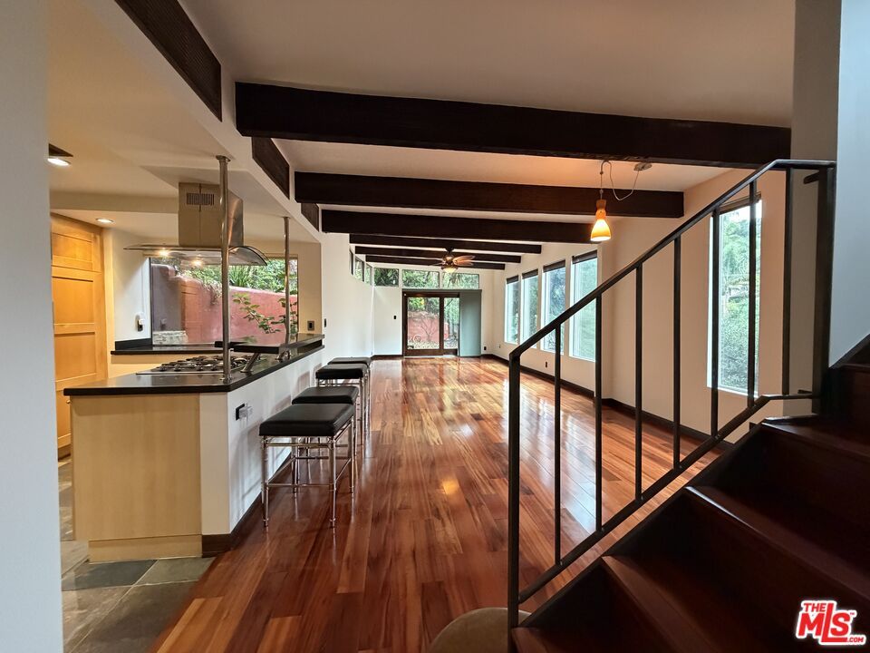 Interior, Kitchen, Pendant Lights, Recessed Lighting, Stainless Steel Appliances, Wooden Beams, Wood Texture Flooring