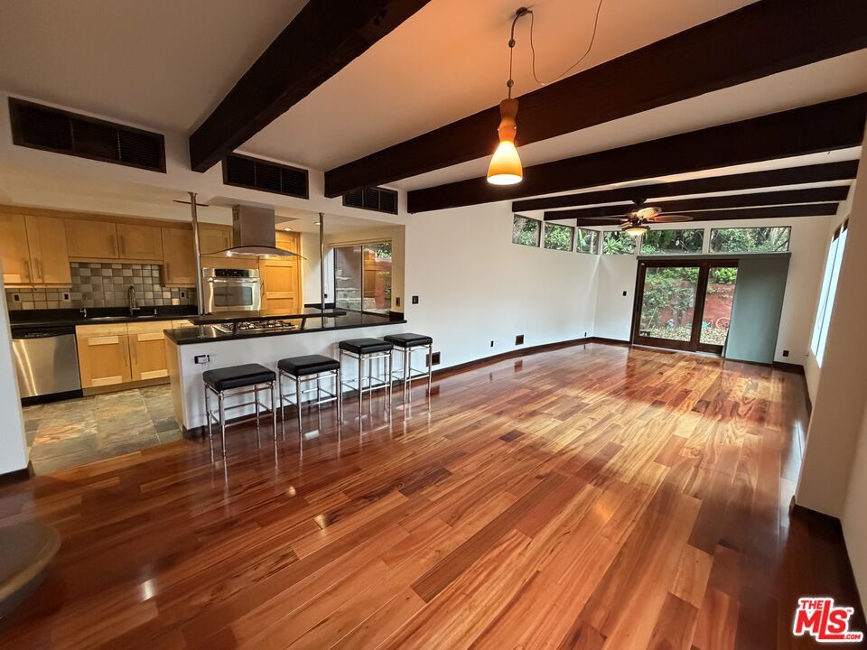 Interior, Kitchen, Pendant Lights, Stainless Steel Appliances, Wooden Beams, Wood Texture Flooring