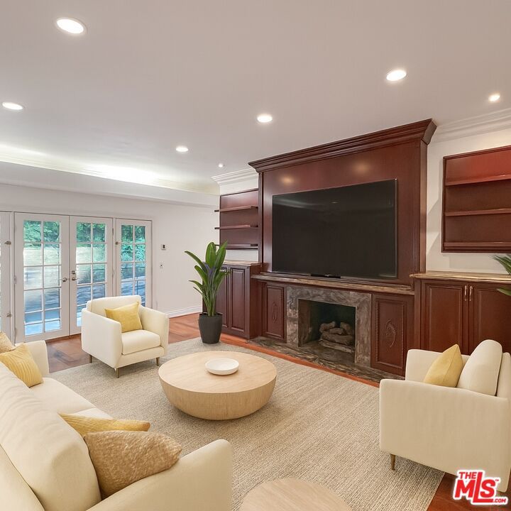 Fireplace, Interior, Living room, Recessed Lighting, Wood Texture Flooring