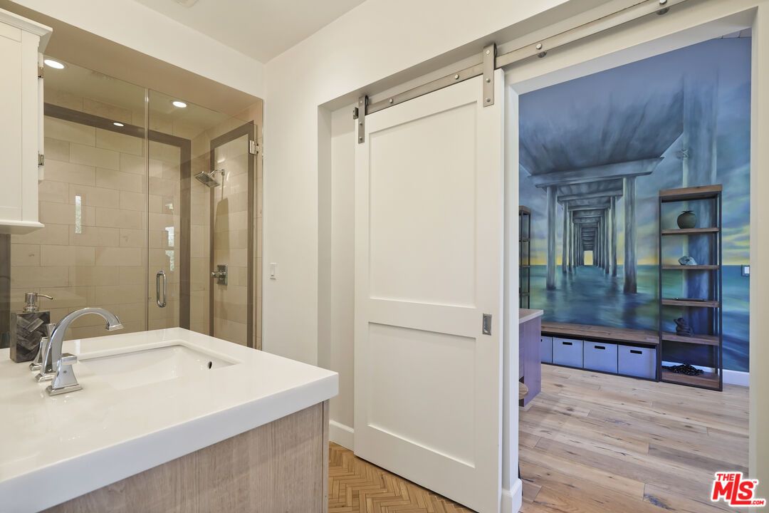 Bathroom, Glass Shower, Interior, Recessed Lighting, Wood Texture Flooring