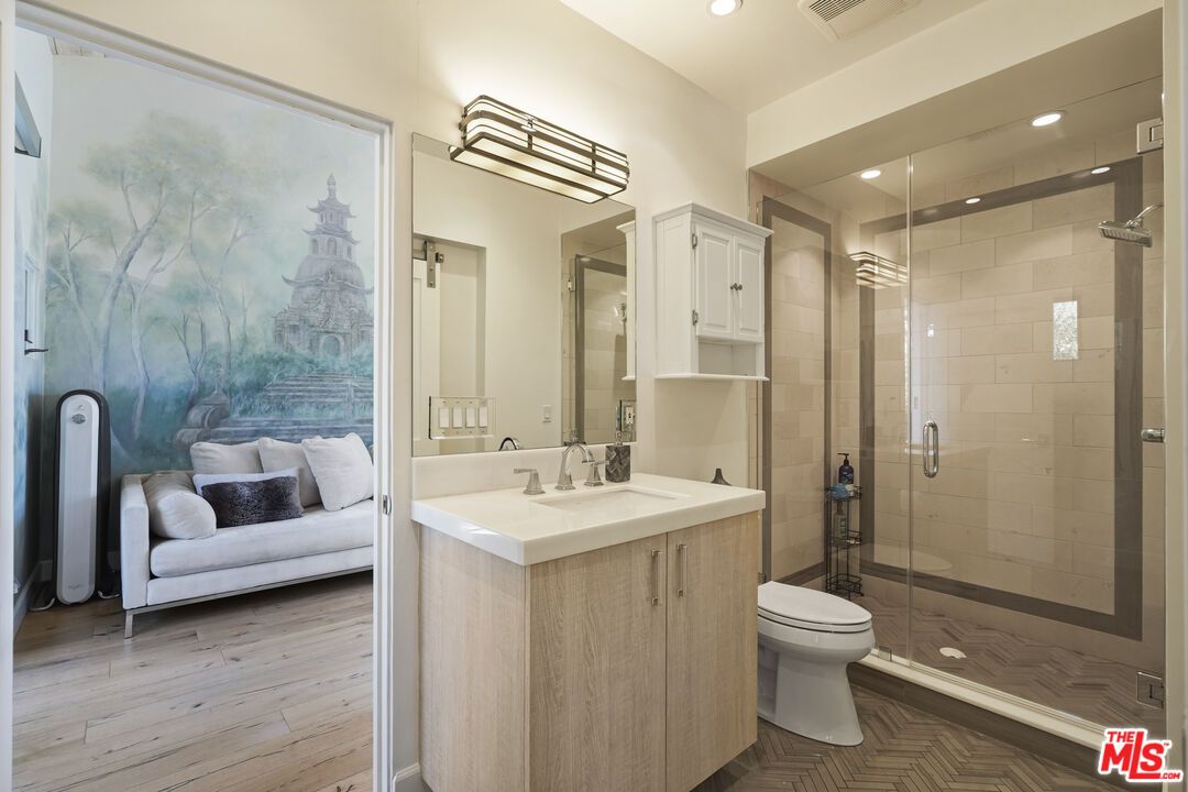 Bathroom, Glass Shower, Interior, Recessed Lighting, Wood Texture Flooring