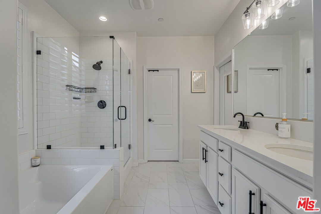 Bathroom, Dual Sink Vanities, Glass Shower, Interior, Marble, Recessed Lighting