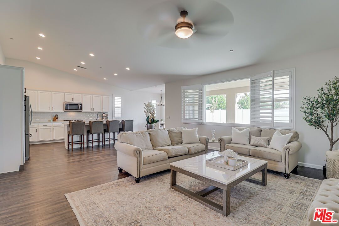 Dining room, Interior, Kitchen, Living room, Recessed Lighting, Stainless Steel Appliances, Wood Texture Flooring