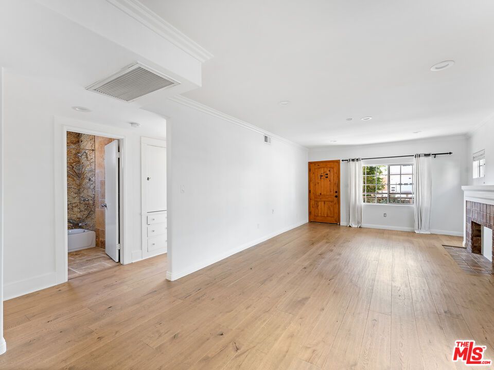 Bathroom, Empty room, Fireplace, Interior, Recessed Lighting, Wood Texture Flooring