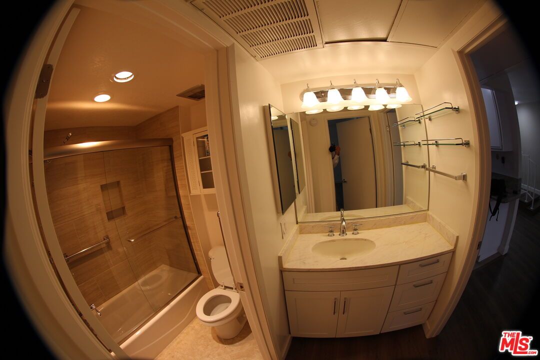 Bathroom, Glass Shower, Interior, Recessed Lighting, Wood Texture Flooring
