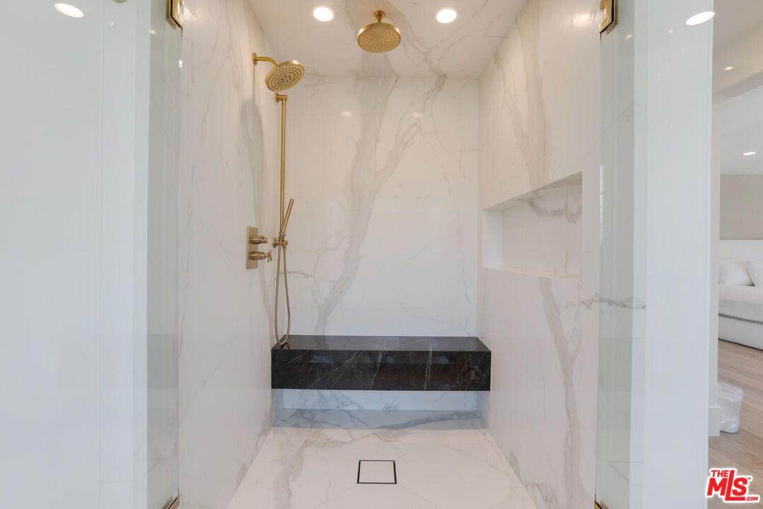 Bathroom, Interior, Marble, Marble Walls, Recessed Lighting, Wood Texture Flooring