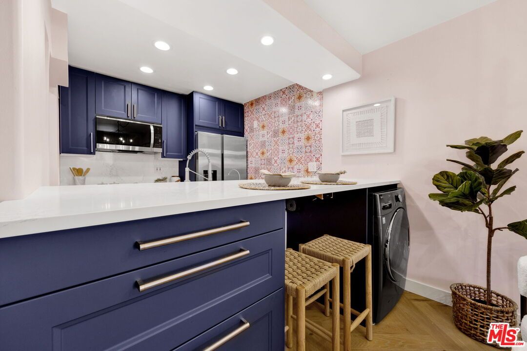 Interior, Kitchen, Recessed Lighting, Stainless Steel Appliances, Washer, Wood Texture Flooring