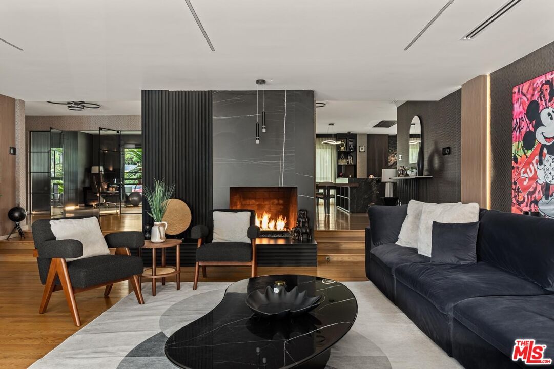 Dining room, Fireplace, Interior, Living room, Pendant Lights, Wood Texture Flooring