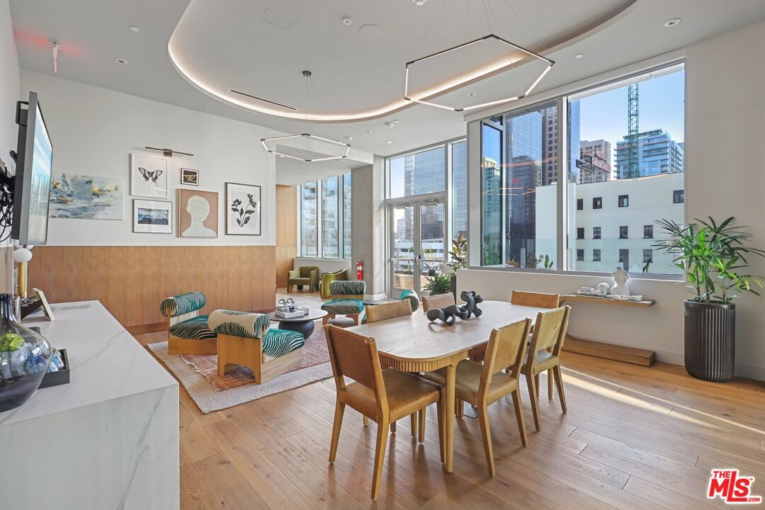 Dining room, Interior, Pendant Lights, Recessed Lighting, Wood Texture Flooring