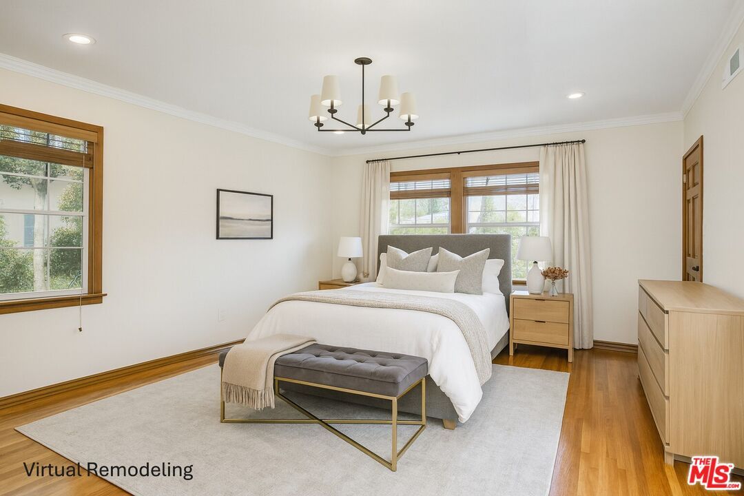 Bedroom, Chandelier, Interior, Recessed Lighting, Wood Texture Flooring