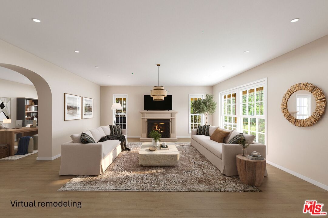 Fireplace, Interior, Living room, Pendant Lights, Recessed Lighting, Wood Texture Flooring