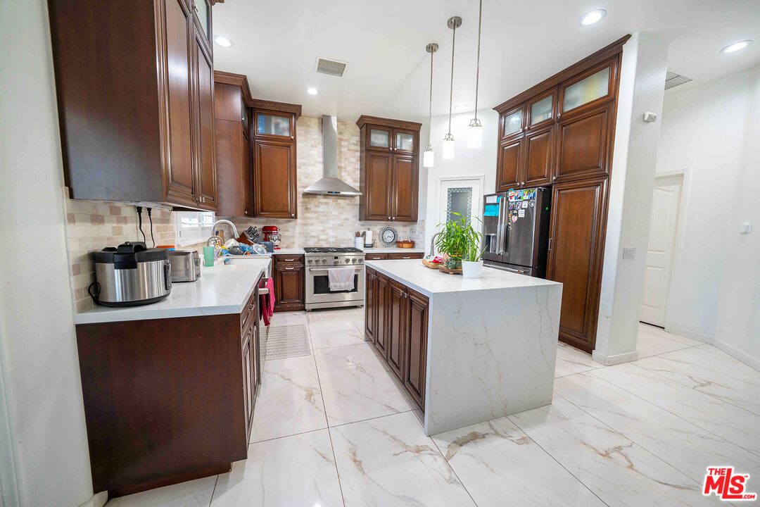 Interior, Kitchen, Marble, Pendant Lights, Recessed Lighting, Stainless Steel Appliances