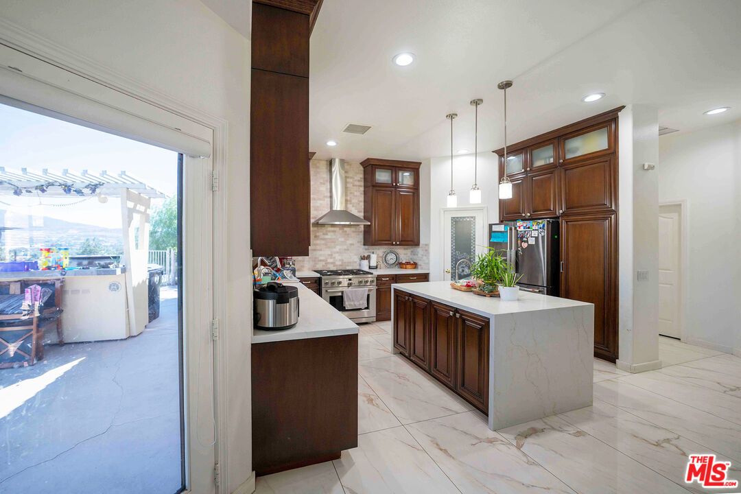 Interior, Kitchen, Marble, Pendant Lights, Recessed Lighting, Stainless Steel Appliances