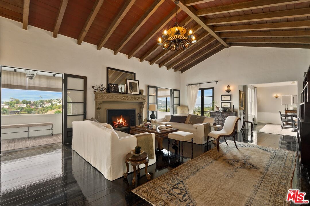 Chandelier, Dining room, Fireplace, Interior, Living room, Wooden Beams, Wooden Ceilings, Wood Texture Flooring