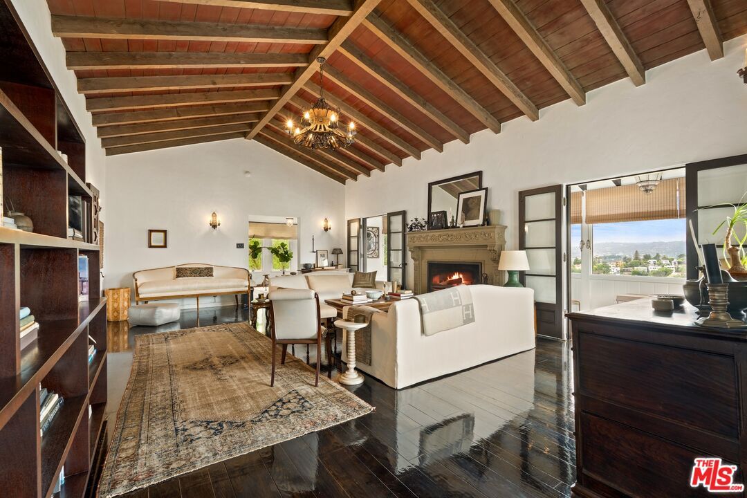 Chandelier, Fireplace, Interior, Living room, Wooden Beams, Wooden Ceilings, Wood Texture Flooring
