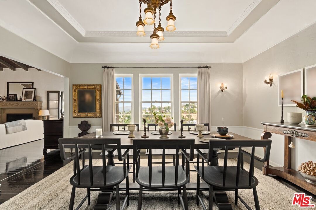 Dining room, Interior, Pendant Lights, Wood Texture Flooring