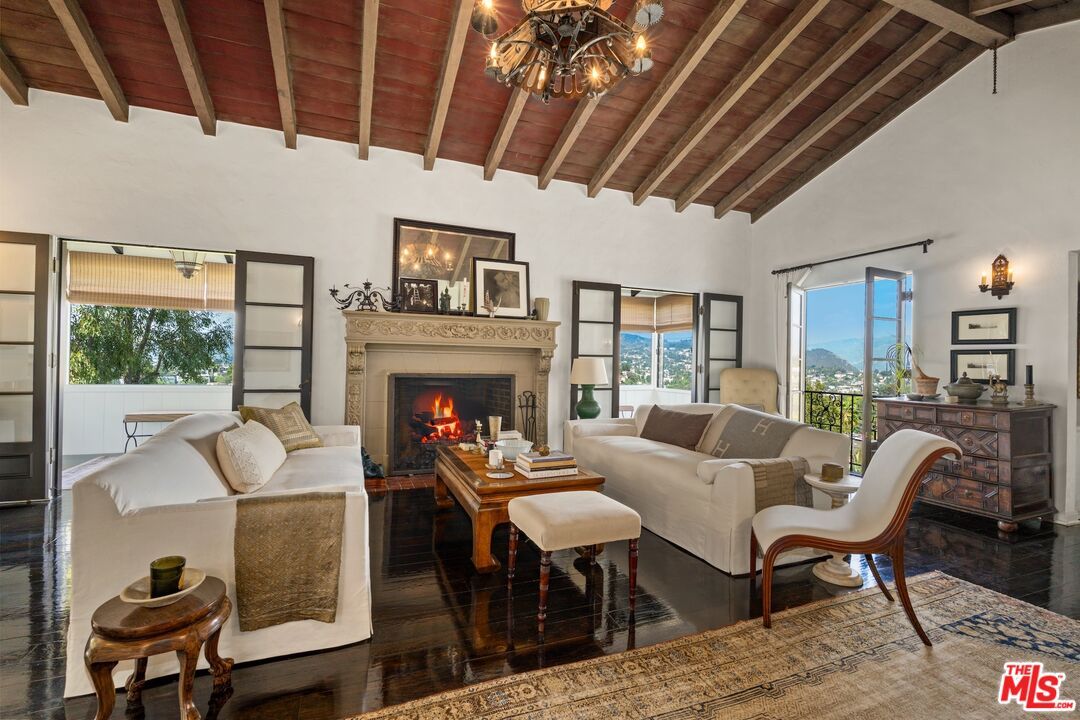 Chandelier, Fireplace, Interior, Living room, Wooden Beams, Wooden Ceilings, Wood Texture Flooring