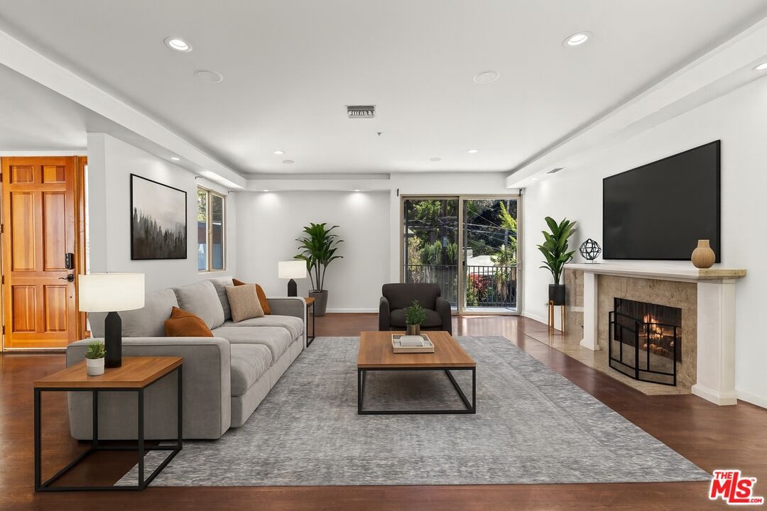 Fireplace, Interior, Living room, Recessed Lighting, Wood Texture Flooring