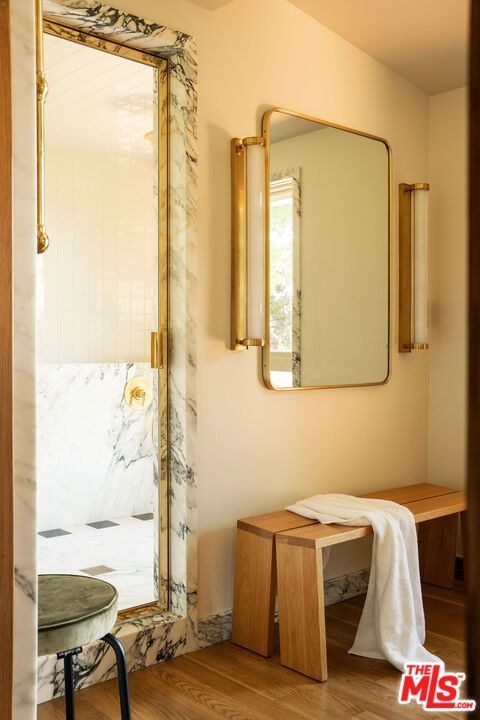Bathroom, Interior, Marble Walls, Wood Texture Flooring