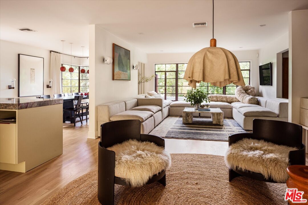Dining room, Interior, Living room, Pendant Lights, Recessed Lighting, Wood Texture Flooring