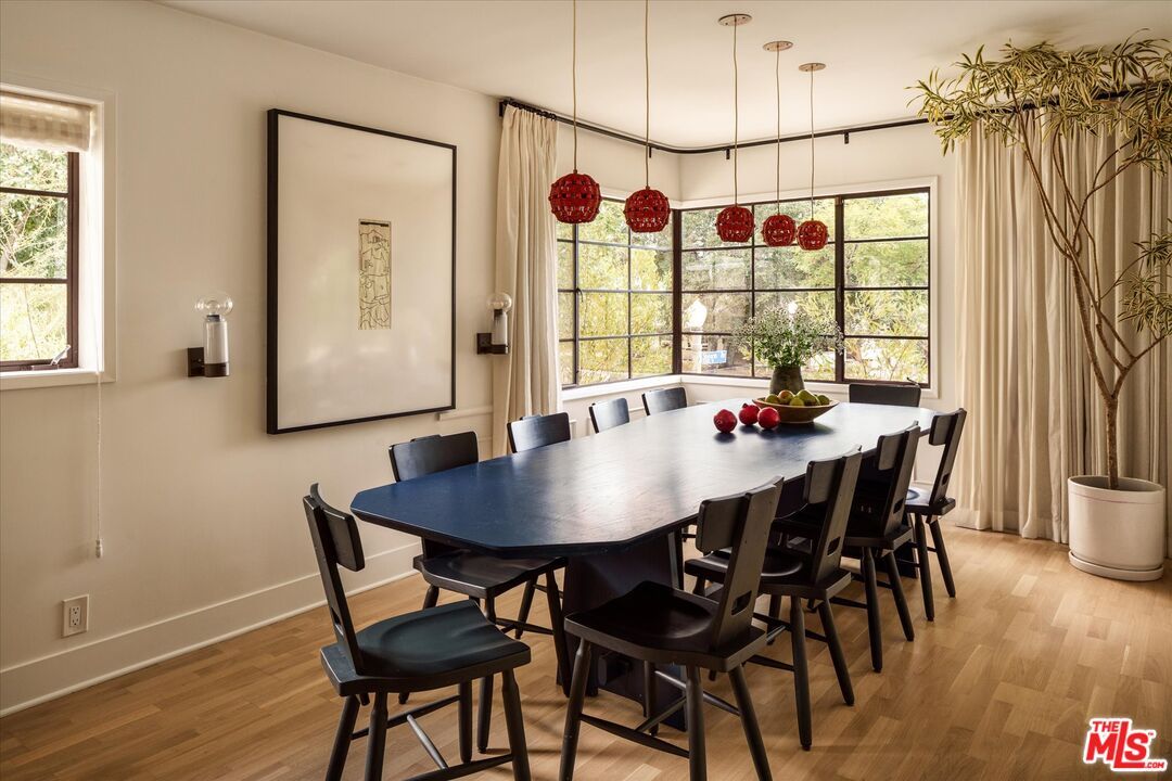 Dining room, Interior, Pendant Lights, Wood Texture Flooring