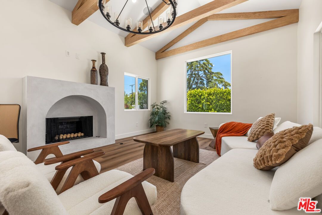 Fireplace, Interior, Living room, Pendant Lights, Wooden Beams, Wood Texture Flooring