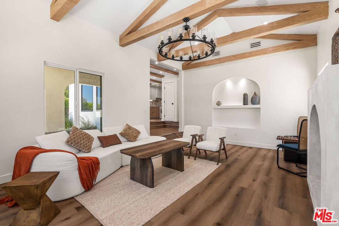 Chandelier, Interior, Living room, Recessed Lighting, Wooden Beams, Wood Texture Flooring