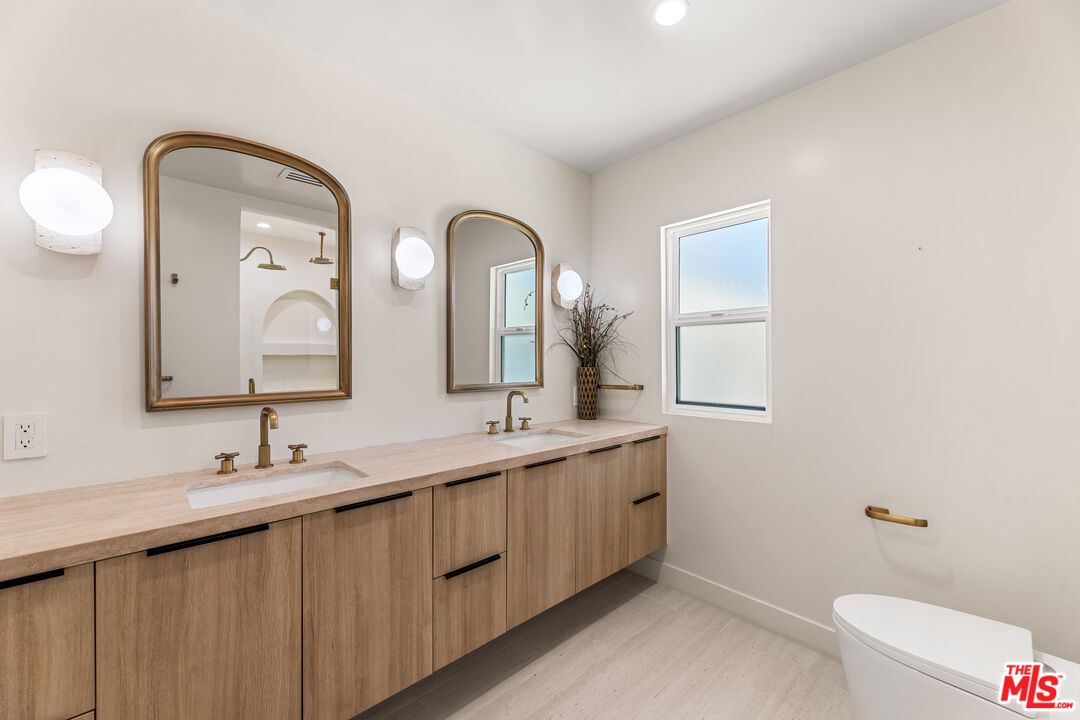 Bathroom, Dual Sink Vanities, Interior, Recessed Lighting, Wood Texture Flooring