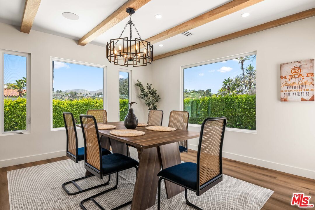 Chandelier, Dining room, Interior, Recessed Lighting, Wooden Beams, Wood Texture Flooring