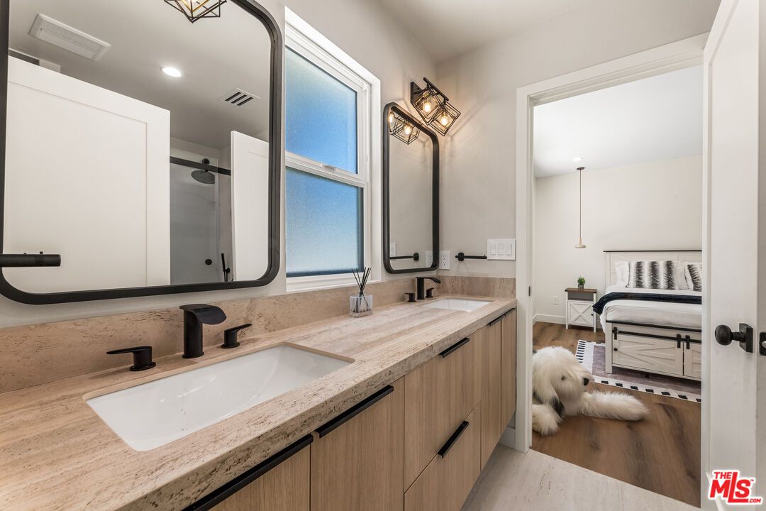 Bathroom, Bedroom, Dual Sink Vanities, Interior, Recessed Lighting, Wood Texture Flooring